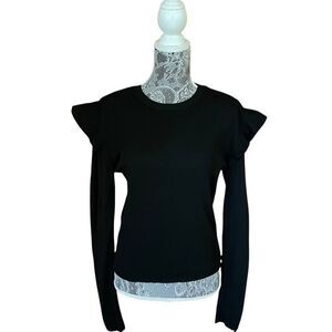 ZARA Knit Ribbed Frill Sweater Ruffle Sleeve Black Size Large